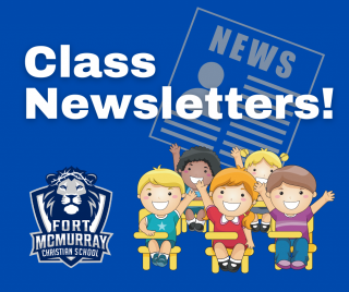 graphic that says "class newsletters!" with school logo on it